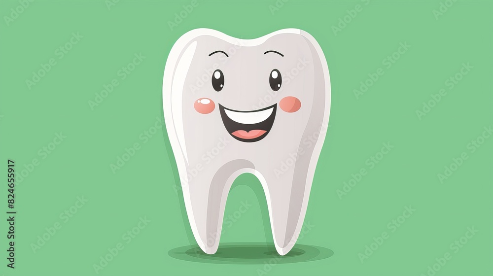 On the green flat background is a cartoon tooth with a smiling expression On the green flat background is a cartoon tooth with a smiling expression