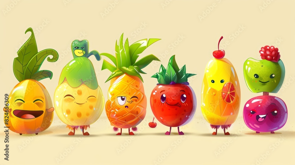 Modern illustration of retro fruits cartoons in a trendy style, featuring groovy cartoon characters Modern illustration of retro fruits cartoons in a trendy style, featuring groovy cartoon characters