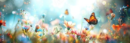 Spring Abstract Background with Flowers, Butterflies, and Fresh Sky