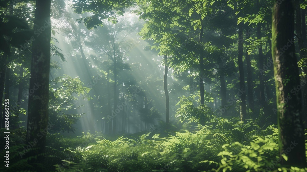 Fototapeta premium Serene forest with sunlight rays piercing through dense foliage photo. Vibrant green ferns, trees in lush woodland image background wallpaper. Peaceful nature concept picture realistic