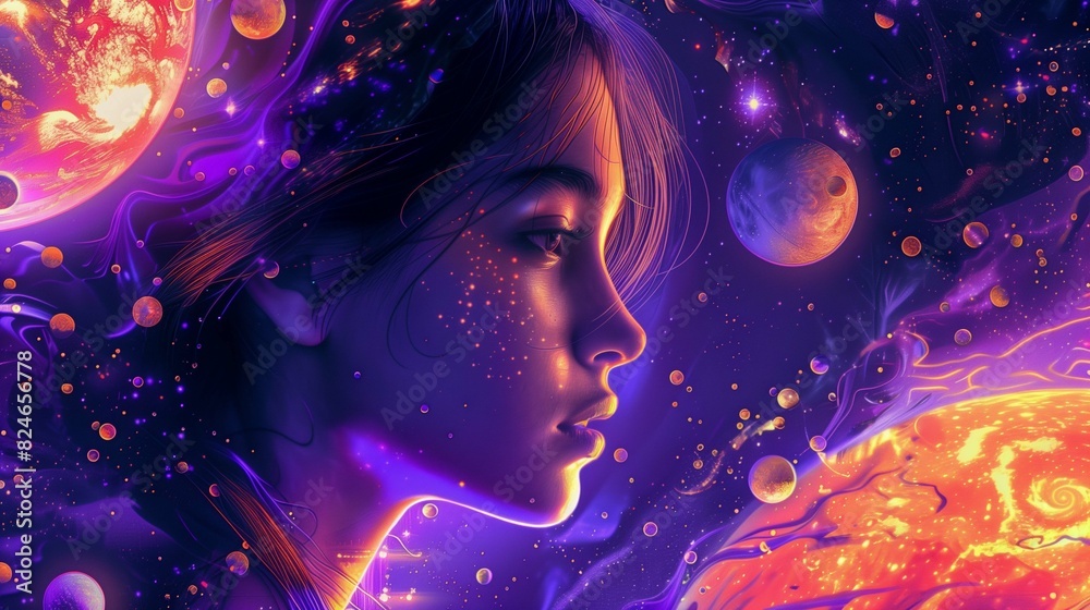 Mesmerizing portrait of young woman with cosmic visuals art digital. Female profile with vibrant celestial bodies wallpaper scene artwork. Human and universe concept background image Mesmerizing portrait of young woman with cosmic visuals art digital. Female profile with vibrant celestial bodies wallpaper scene artwork. Human and universe concept background image