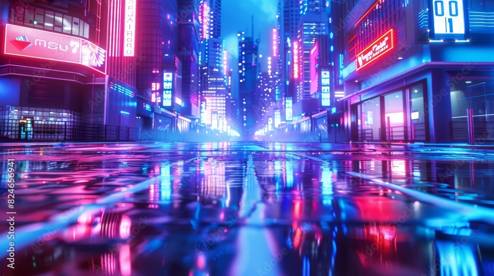 Neon night in a cyberpunk city. Photorealistic 3D illustration of a futuristic city with blue neon lights. Neon night in a cyberpunk city. Photorealistic 3D illustration of a futuristic city with blue neon lights.
