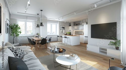 Modern scandinavian apartment interior design  living and dining rooms  panorama 3d rendering