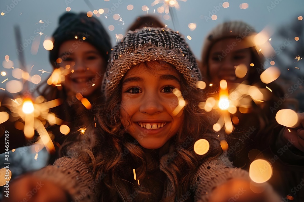 A joyful child holding sparklers at night, surrounded by friends, celebrating with a warm and happy atmosphere. A joyful child holding sparklers at night, surrounded by friends, celebrating with a warm and happy atmosphere.