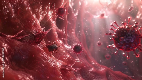 Virology and Microbiology Concept - Corona Virus In Red Artery - 3D rendering photo