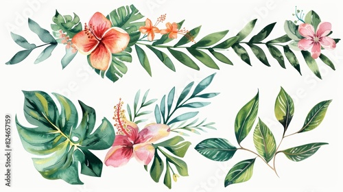 With Stock AI, watercolor of Tropical spring floral green leaves and flowers isolated on transparent background.