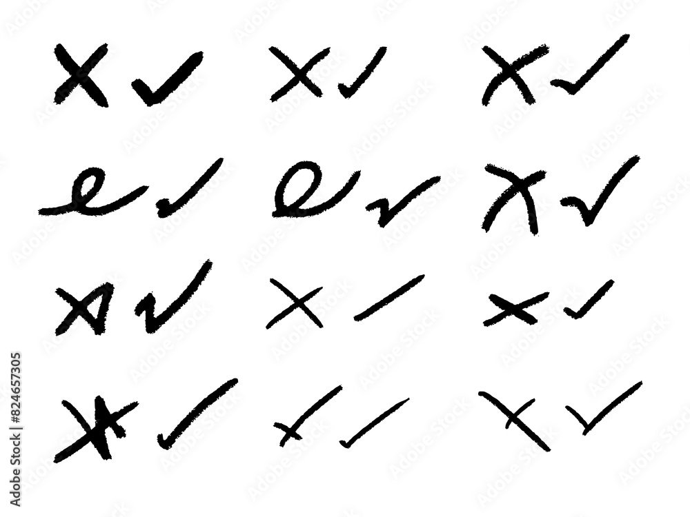 hand drawn brush strokes cross X and tick OK check marks V vector illustration set