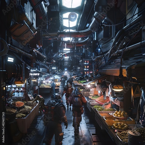 A bustling space market on a space station, with vendors selling alien artifacts, exotic foods, and futuristic gadgets, under the artificial lighting of the station. Created using generative AI.