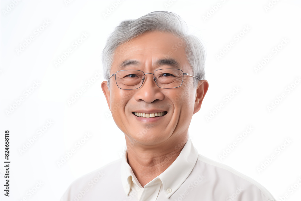 Smiling senior asian man on white background. Topics related to old age. Asian. China. Japan. Retirement home. Retirement. Image for Graphic Designer. Senior residence. AI. Smiling senior asian man on white background. Topics related to old age. Asian. China. Japan. Retirement home. Retirement. Image for Graphic Designer. Senior residence. AI.