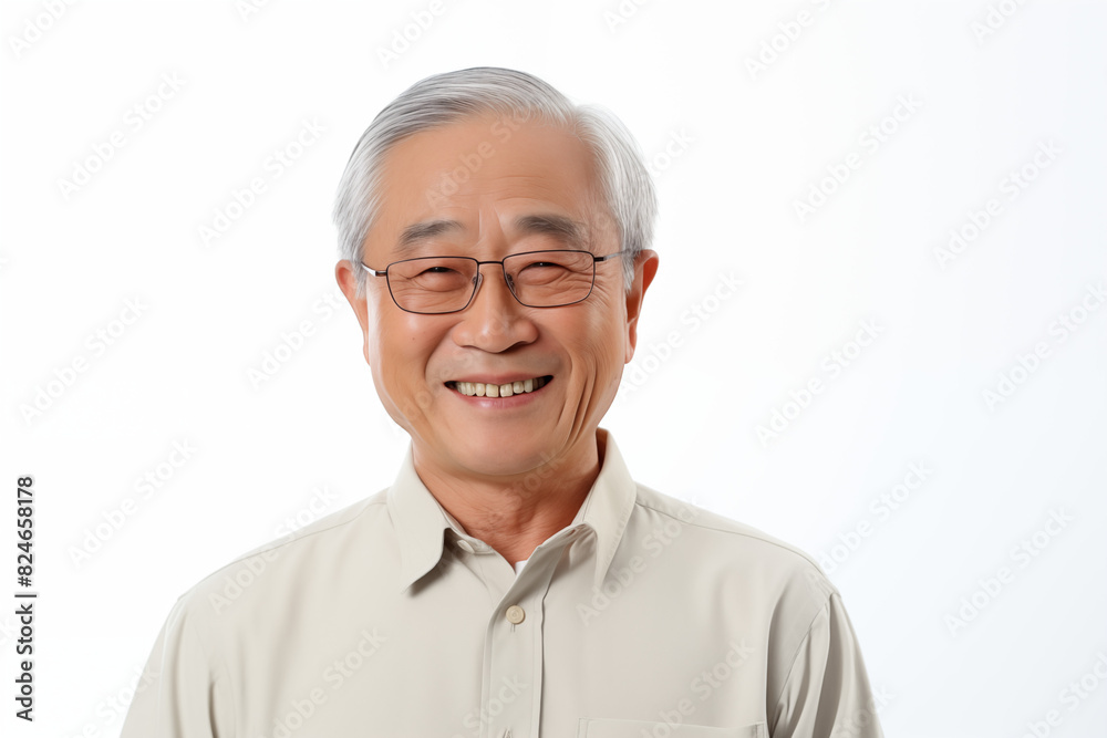 Smiling senior asian man on white background. Topics related to old age. Asian. China. Japan. Retirement home. Retirement. Image for Graphic Designer. Senior residence. AI. Smiling senior asian man on white background. Topics related to old age. Asian. China. Japan. Retirement home. Retirement. Image for Graphic Designer. Senior residence. AI.