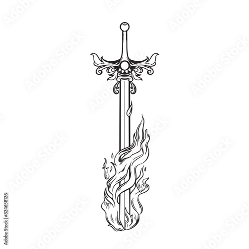 black and white illustration fire sword engraving ornament vector art