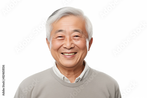 Smiling senior asian man on white background. Topics related to old age. Asian. China. Japan. Retirement home. Retirement. Image for Graphic Designer. Senior residence. AI.