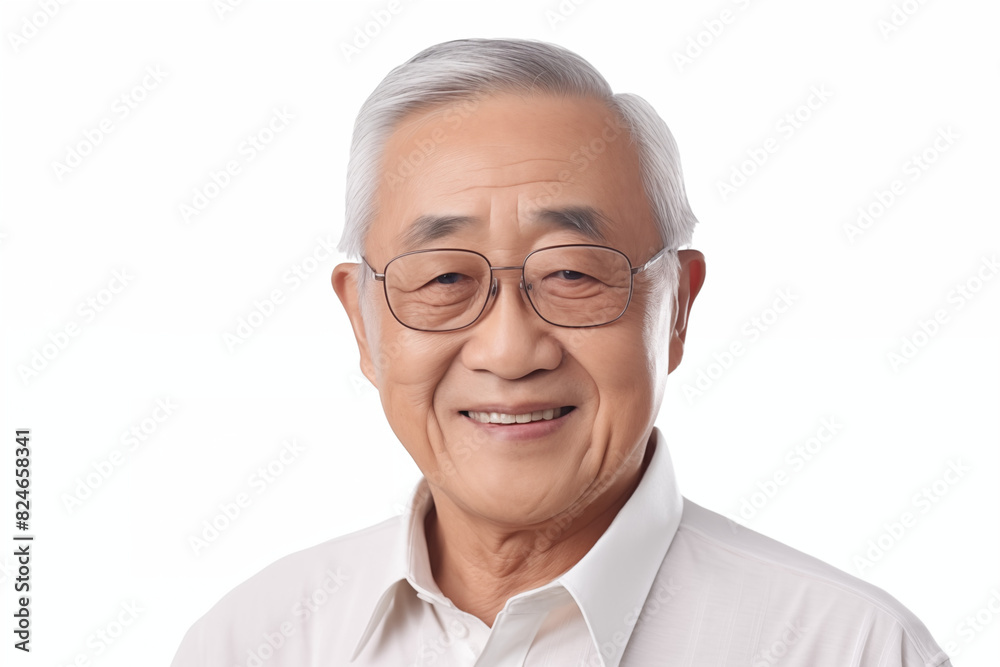 Smiling senior asian man on white background. Topics related to old age. Asian. China. Japan. Retirement home. Retirement. Image for Graphic Designer. Senior residence. AI. Smiling senior asian man on white background. Topics related to old age. Asian. China. Japan. Retirement home. Retirement. Image for Graphic Designer. Senior residence. AI.