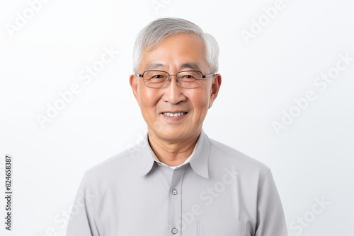 Smiling senior asian man on white background. Topics related to old age. Asian. China. Japan. Retirement home. Retirement. Image for Graphic Designer. Senior residence. AI.