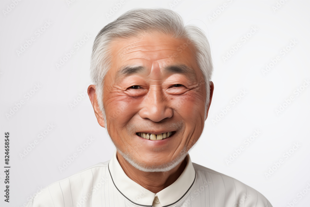 Smiling senior asian man on white background. Topics related to old age. Asian. China. Japan. Retirement home. Retirement. Image for Graphic Designer. Senior residence. AI.