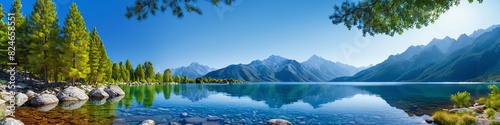 Tranquil lake reflects majestic mountains  creating a scenic wilderness destination. Beautiful photo of a mountain lake background for background.