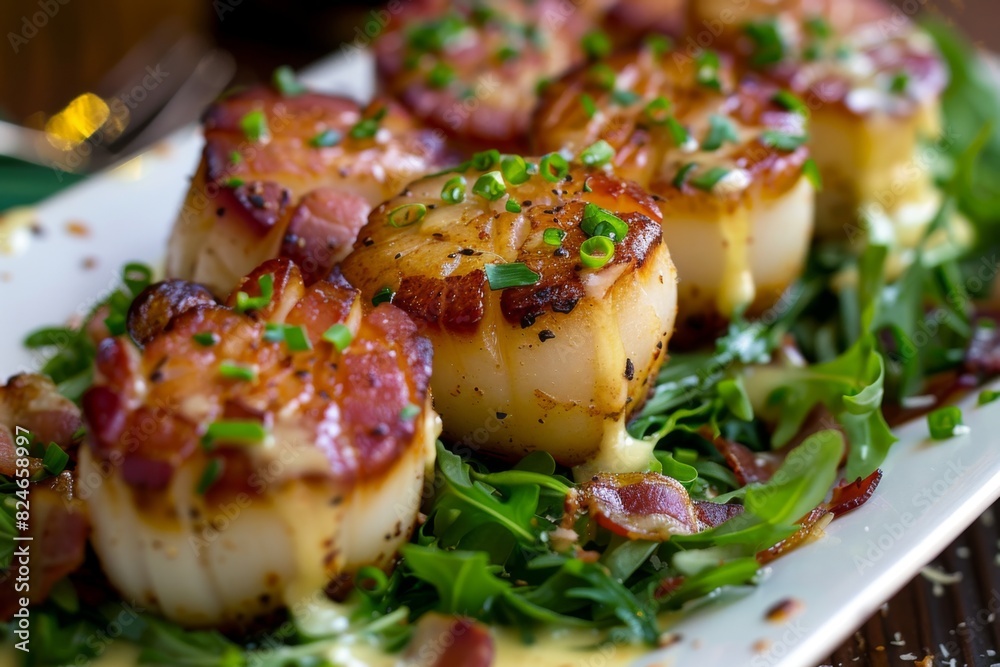 A gourmet presentation of cheesy bacon-wrapped scallops on a bed of greens A gourmet presentation of cheesy bacon-wrapped scallops on a bed of greens