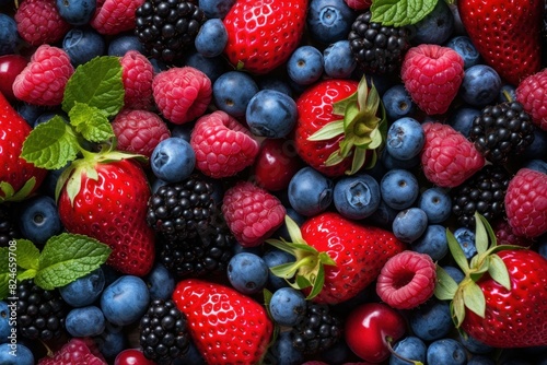 Top view of a colorful and fresh berry assortment background with strawberries. Blueberries. And raspberries. Surrounded by mint leaves. Rich in antioxidants and vitamins