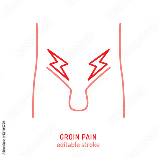 Groin ache outline icons, sign. Inner thigh pain pictogram.