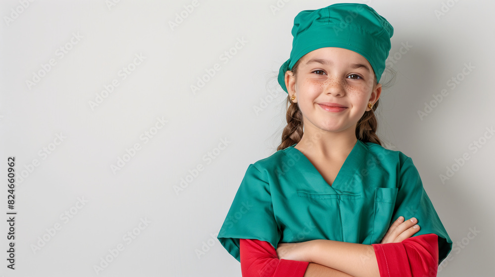 A cute happy smiling young American white girl dresses green scrubs like a nurse on a plain white background with copy space for text. A cute happy smiling young American white girl dresses green scrubs like a nurse on a plain white background with copy space for text.