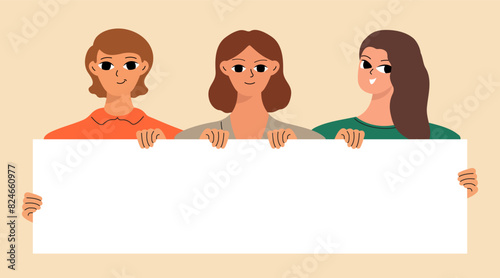Banner with different women. Cute girlish face. Woman's day concept. Flat vector cartoon design.