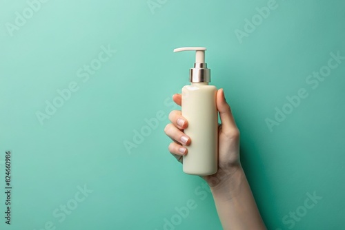 Young woman hand holding and showing white big plastic pump bottle on light blue table background. Pastel color. Care about clean and soft body skin. Daily beauty product. Closeup.