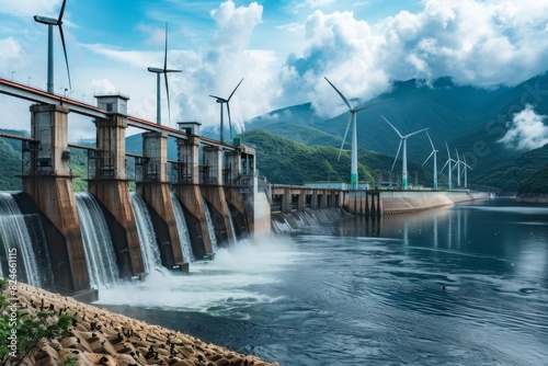 A hydroelectric plant with wind turbines in the background, representing a hybrid renewable energy setup