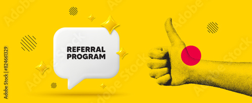 Hand showing thumb up like sign. Referral program tag. Refer a friend sign. Advertising reference symbol. Referral program chat box 3d message. Grain dots hand. Like thumb up sign. Vector