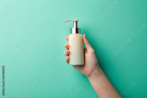 Young woman hand holding and showing white big plastic pump bottle on light blue table background. Pastel color. Care about clean and soft body skin. Daily beauty product. Closeup.