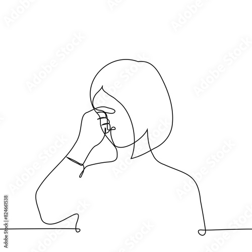 woman stands holding the bridge of his nose - one line art vector. concept of fatigue, cringe