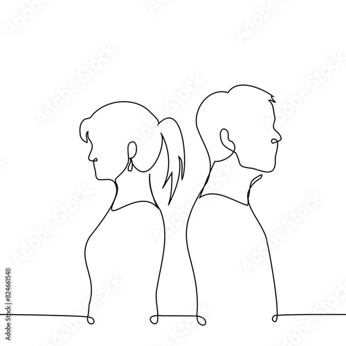 woman and a man stand with their backs to each other next to each other - one line art vector. concept of covering from behind, couple quarrel, siblings