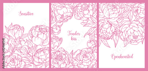 Flower cards with peony blossoms. Spring floral backgrounds set. Botanical postcard designs, detailed outline drawings, hand-drawn blooms. Romantic Japanese garden posters. Retro vector illustrations