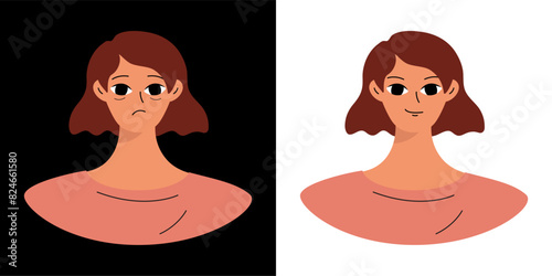 Concept of emotions before and after. Cartoon cute girlish face. Woman with a sad and joyful face. Isolated vector.