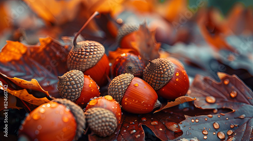 Acorns from the oak tree scattered among fallen leaves on the grass