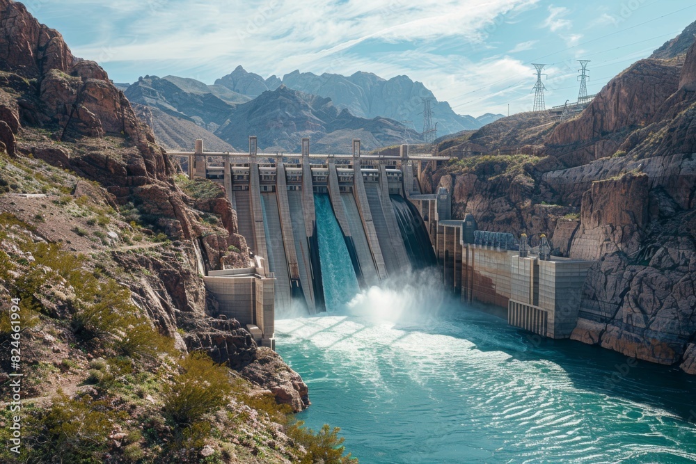 A large hydroelectric dam with powerful water flow, turbines, and a mountainous background A large hydroelectric dam with powerful water flow, turbines, and a mountainous background