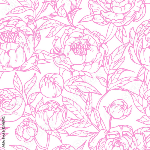 Flower blossoms pattern. Seamless floral print with peonies. Endless contoure...