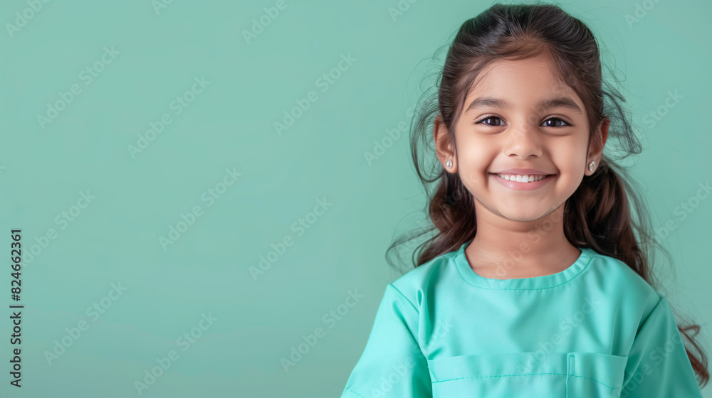 A cute happy smiling young Indian girl dresses green scrubs like a nurse on a plain green background with copy space for text. A cute happy smiling young Indian girl dresses green scrubs like a nurse on a plain green background with copy space for text.