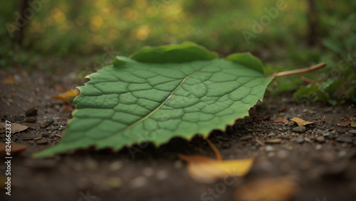 A green leaf with serrated edges is lying on a grey stone surface.

 photo