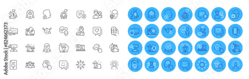 Face verified, Group and Medical mask line icons pack. Nurse, Verification person, Judge hammer web icon. Social distance, Thumb down, Inflation pictogram. Wash hands, Winner cup, Ethics. Vector