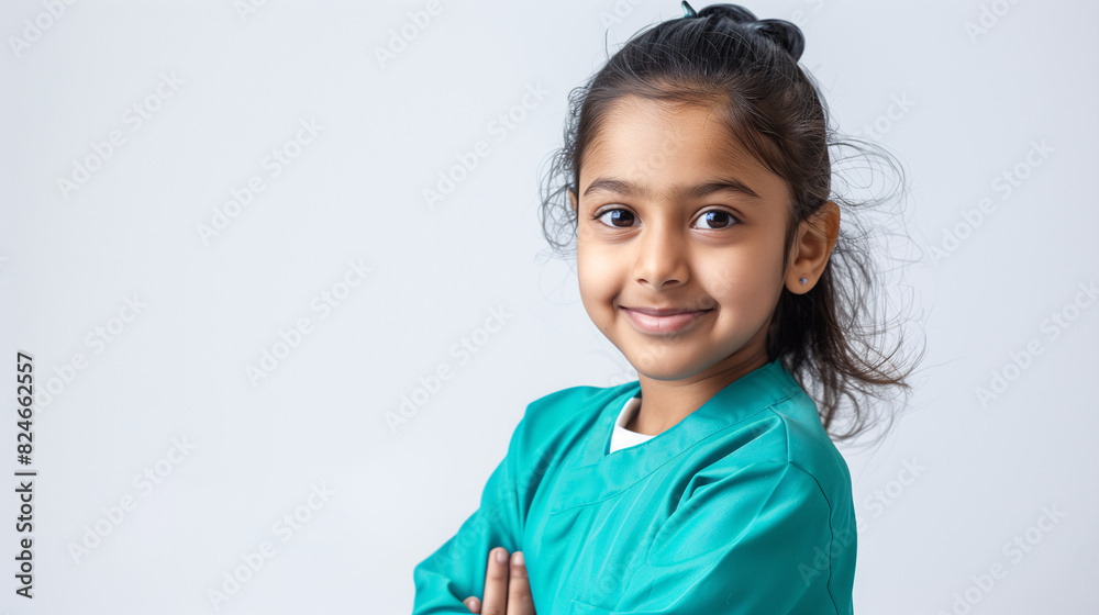 A cute happy smiling young Indian girl dresses green scrubs like a nurse on a plain white background with copy space for text. A cute happy smiling young Indian girl dresses green scrubs like a nurse on a plain white background with copy space for text.