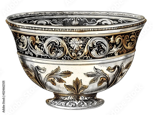 Antique porcelain bowl with intricate design isolated on white background