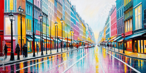 Banner European dreamy soft colorful and abstract expressionism painting of city street. Generated by AI