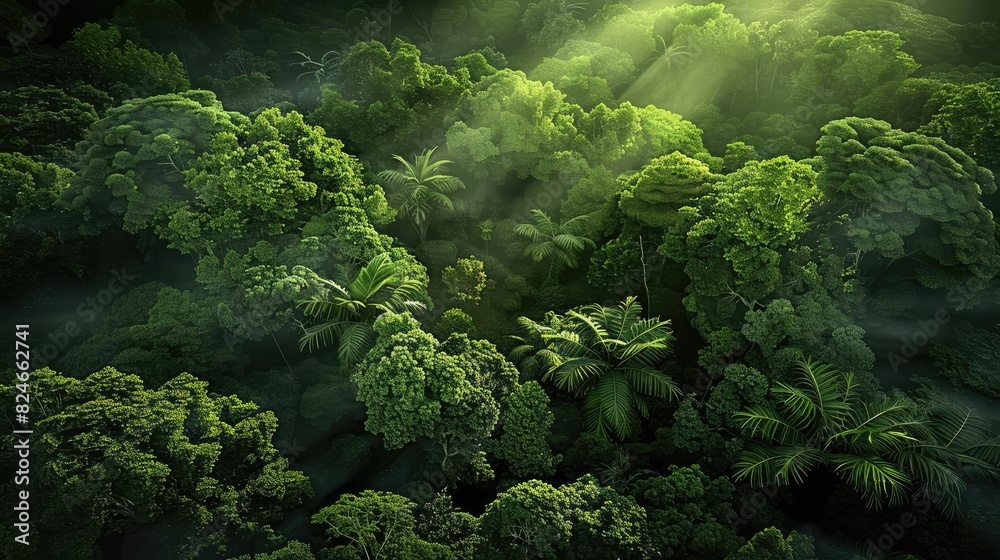 Aerial view of a lush green tropical rainforest with sunlight filtering through the dense canopy, creating a serene and vibrant nature scene.