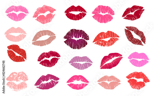 Set of Lipstick kiss prints. Red  pink  purple  wine  magenta lips. Different shapes female sexy lips. Lips makeup. Female mouth. Imprint of lips kiss vector illustrations on transparent background. 