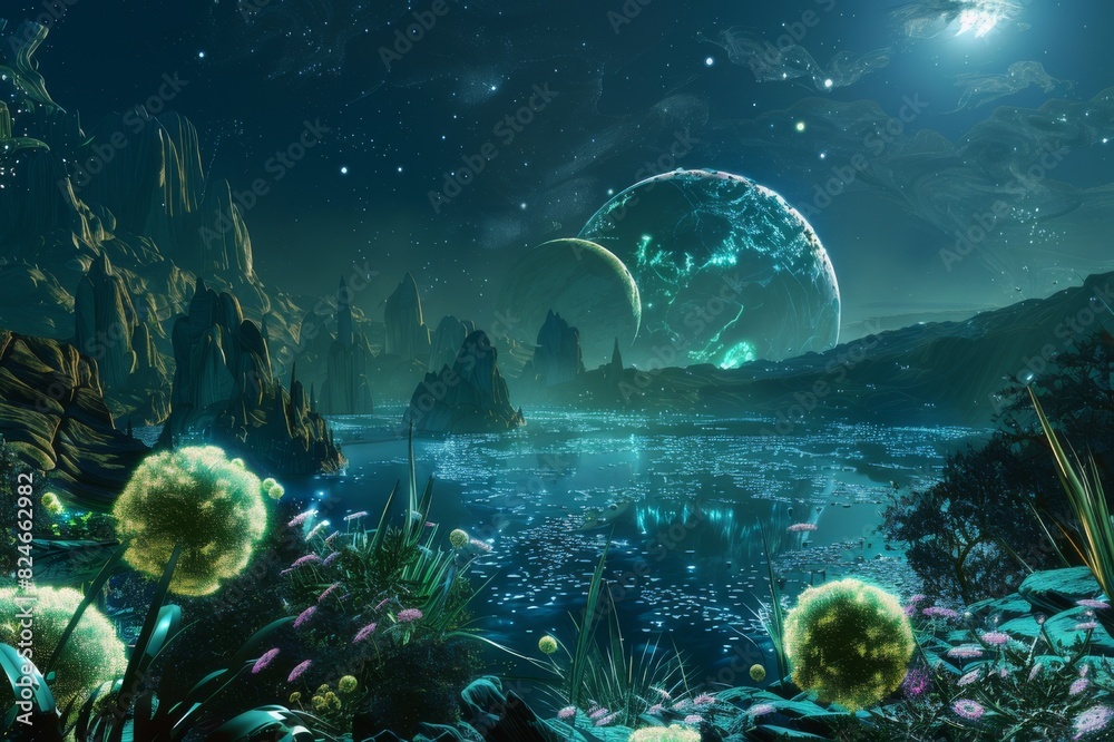 Futuristic Alien Landscape with Glowing Flora