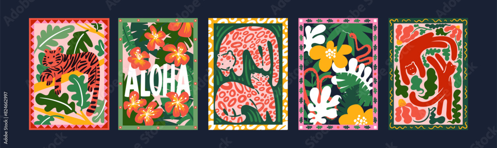 Abstract tropical posters with tigers and leaves in a 90s retro cartoon style. Asian and Chinese motifs, floral pattern with tigers and leorards. Abstract tropical posters with tigers and leaves in a 90s retro cartoon style. Asian and Chinese motifs, floral pattern with tigers and leorards.