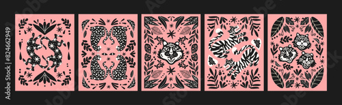 Abstract tropical posters with tigers and leaves in a 90s retro cartoon style. Asian and Chinese motifs, floral pattern with tigers and leorards.
