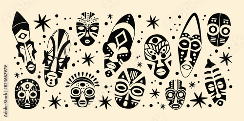 Silhouettes of totem African tribal masks. Set of ritual mythological ethnic aboriginal face masks. Set of stickers of African tropical Hawaiian culture patterns