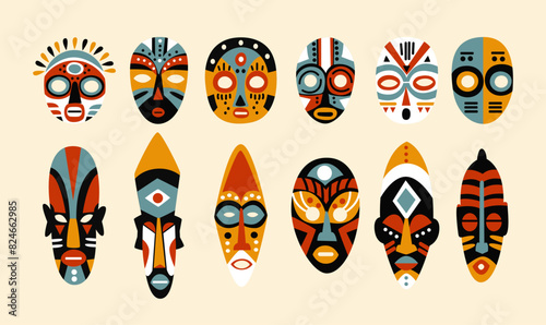 Totemic African tribal masks. Set of ritual mythological ethnic aboriginal face masks. African Tropical Hawaiian Culture Stickers Set