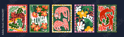 Abstract tropical posters with tigers and leaves in a 90s retro cartoon style. Asian and Chinese motifs, floral pattern with tigers and leorards.